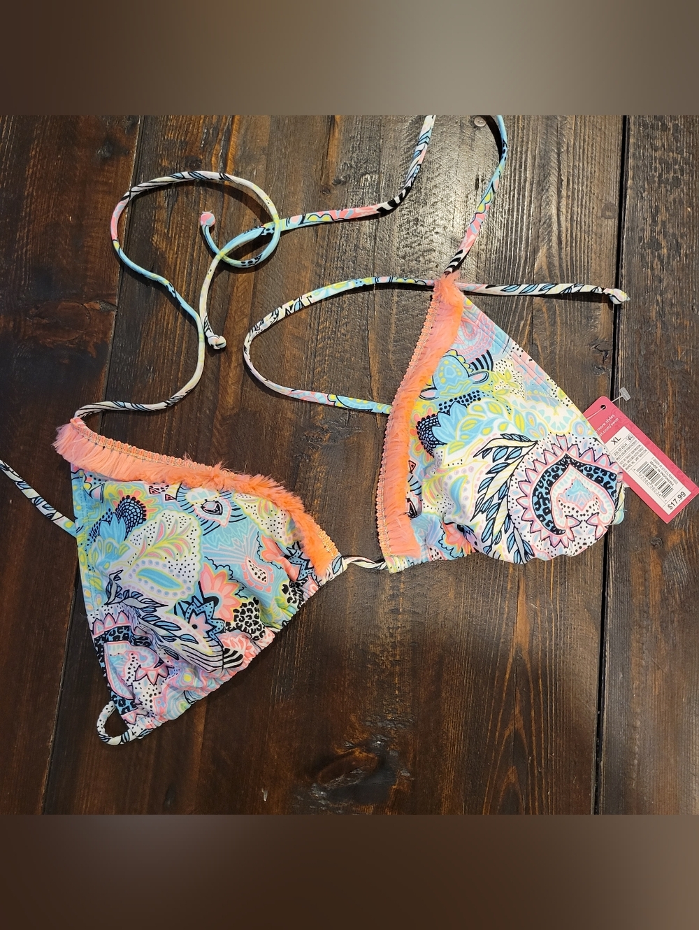 Colorful Paisley Triangle Bikini Top with Coral Trim